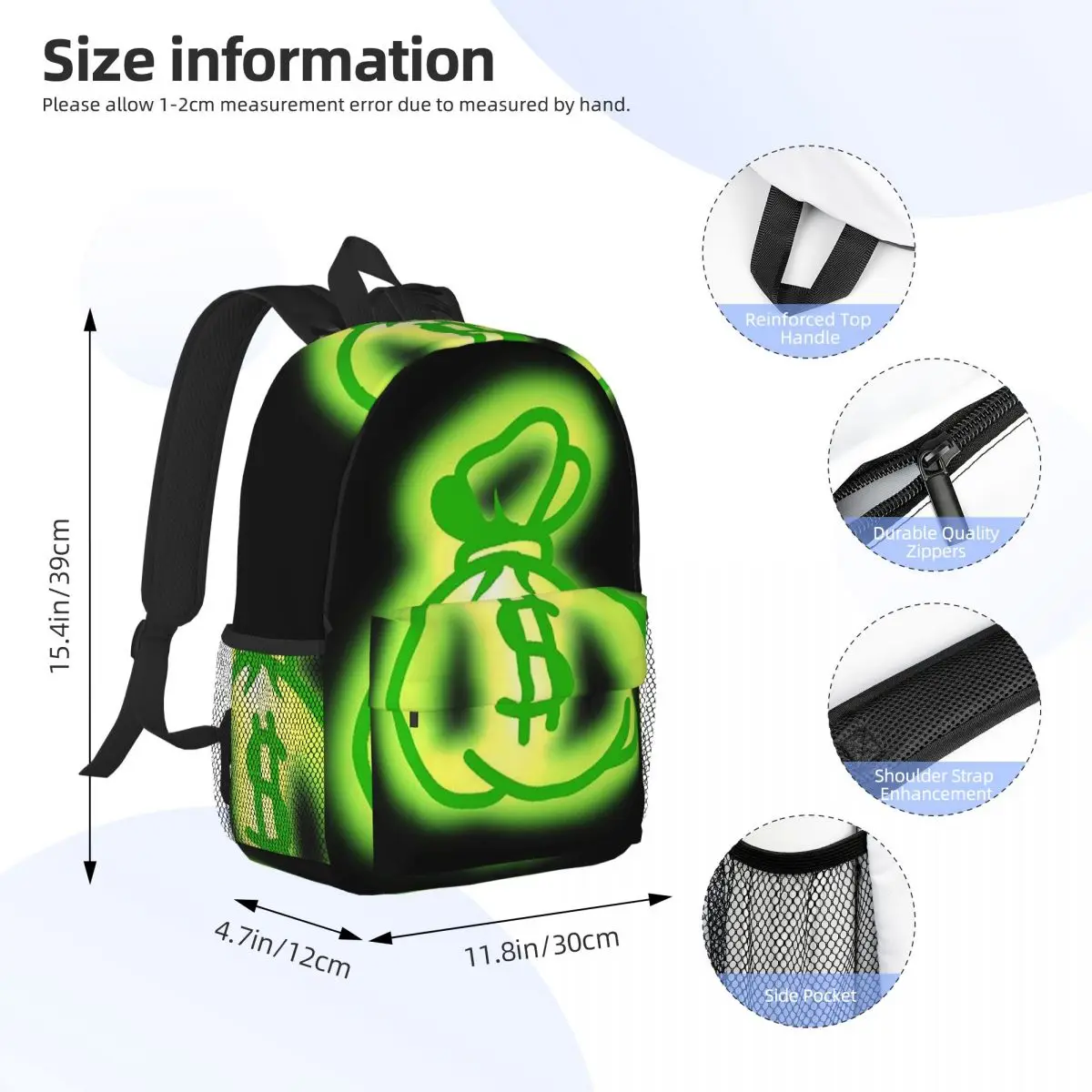 Green Fluorescent Dollar Sign Backpack Daypack Large Capacity Boys Girls BookBag Shoulder Bags for Men Women Children School Bag