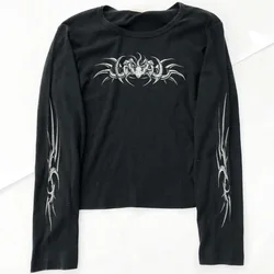 Goth Women T-shirts Blusas O-neck Long Sleeve Skull Print Tunic Woman Clothing Fashion Casual Crop Tops Shirts Y2K Clothing