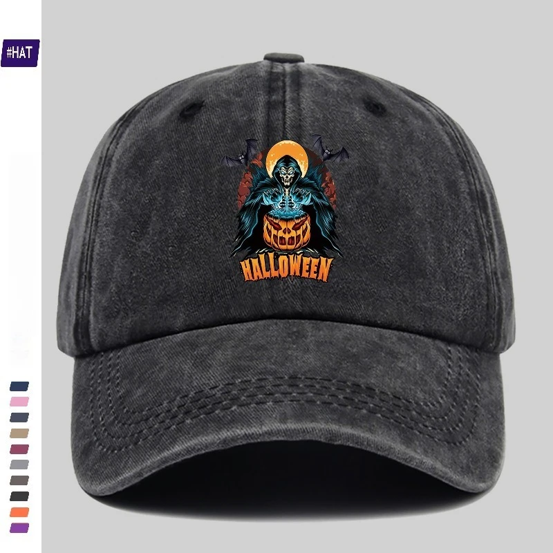 Distressed Washed Baseball Cap Halloween Grim Reaper Pumpkin Bat Print Adjustable Unisex Dad Hat Retro Casual Outdoor Sun Hat