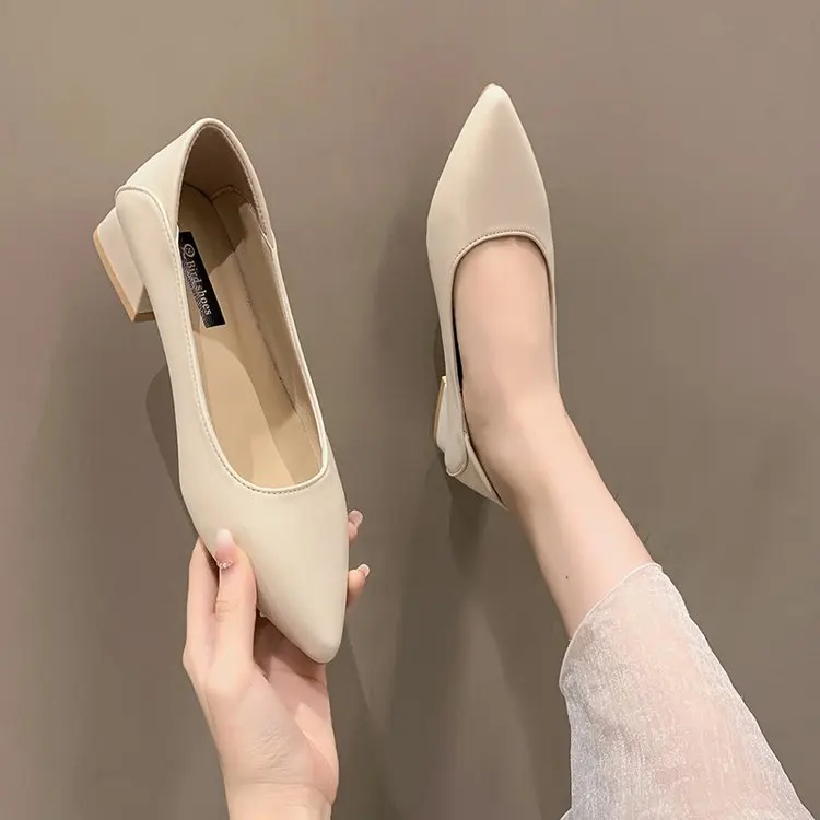 New Fashion Exquisite Ladies Beautiful Solid Color Shallow Mouth Thick Heel Soft Sole Pointed Toe Heel Shoes Ladies High Heels