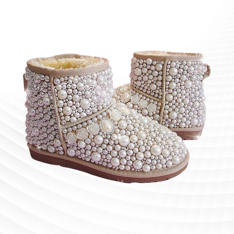 Creative pearl rhindiamonds banquet wedding fur one snow boots handmade custom large size thick casual women's naked boots 35-44