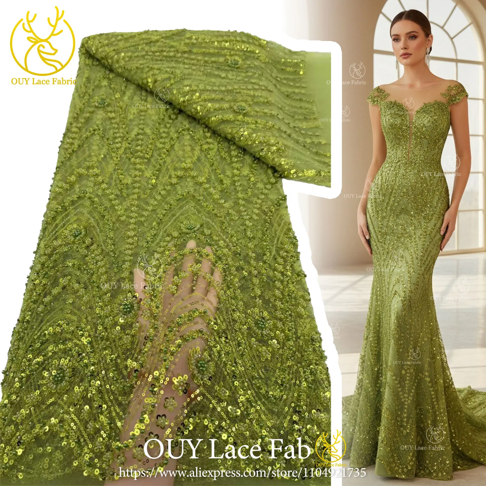 Green African Beaded Lace Fabric 2026 Wholesale Hot Sale in Nigeria Sequin Lace Fabric Lace Fabric for Women's Party Dresses 5Y