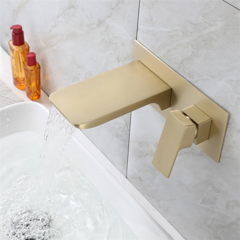 Basin Faucet Brushed Gold Bathroom Faucet Waterfall Mixer Tap Hot Cold Chrome Sink Faucet Square In Wall Basin Faucet Brass