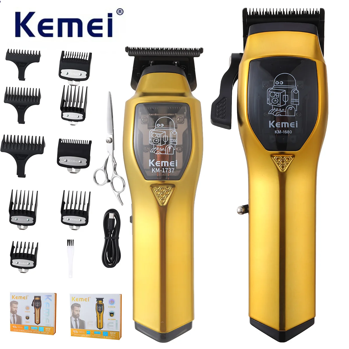 Kemei Electric Hair Clippers and Hair Trimmer Kit Men Professional USB-C Rechargeable Cordless 0mm Finish Hair Cutting Machine