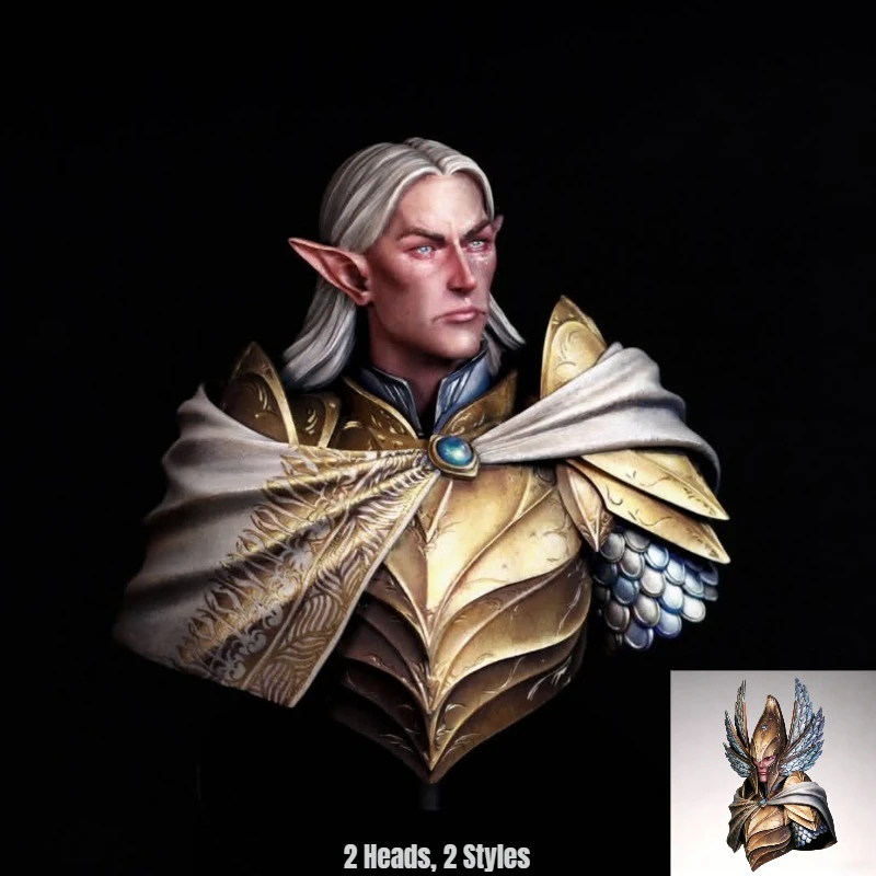 

Модель-бюст из литой смолы в масштабе 1/12, высотой 81 мм, статуэтка эльфийского воина с 2 головами, в разобранном и неокрашенном виде.