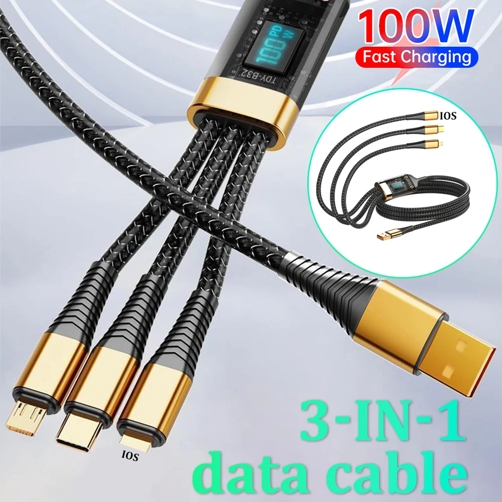 1 to 3 100W Digital Power Display Charging Cable Super Fast Charging Nylon Woven 1.2M Data Cable For Apple Huawei Xiaomi Phones