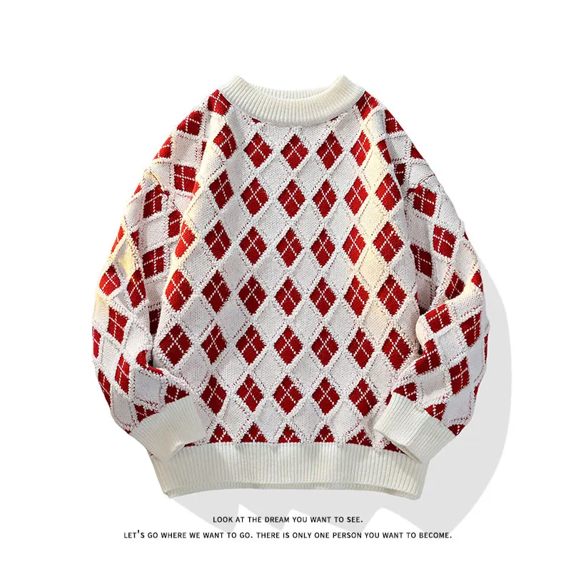 

Мужской винтажный свитер с изображением американского аргайл, красный, белый клетчатый вязаный пуловер в стиле ретро, осенне-зимний повседневный топ