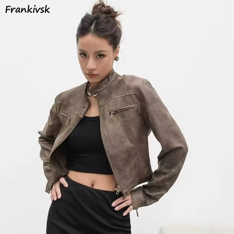 Stand Cropped Jackets for Women Vintage Sexy Girls Personality Motorcycle Outerwears Fashion American Style Simple Chic Hipster