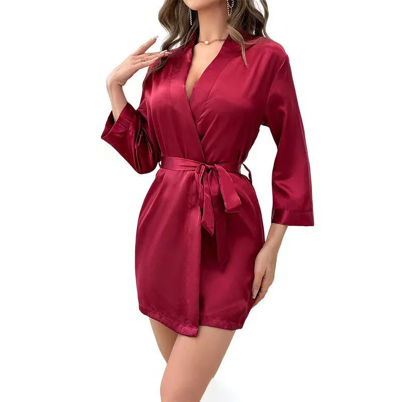 Women's Sleep European and American women's lace up bathrobe sexy outerwear Comfortable ice silk home clothes morning gowns