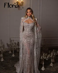 Floria White Long Cape Sleeve Two Pieces Style Evening Dresses Embroidery Lace Bridal Gowns Mermaid Luxury Wedding Prom Gowns