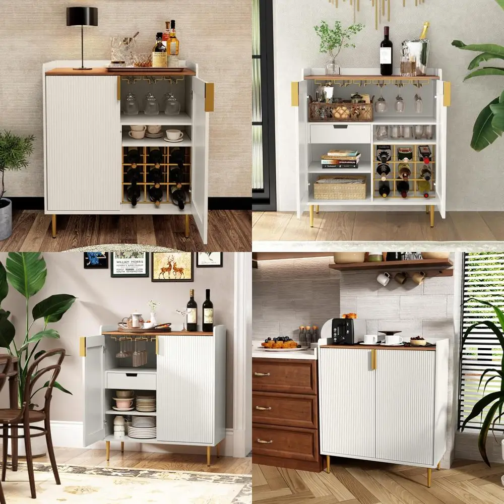 خزانة بار النبيذ الأبيض الحديثة ذات الملمس المخدد، وخزانة جانبية لبوفيه المطبخ تتميز برف النبيذ وحامل زجاجي #1