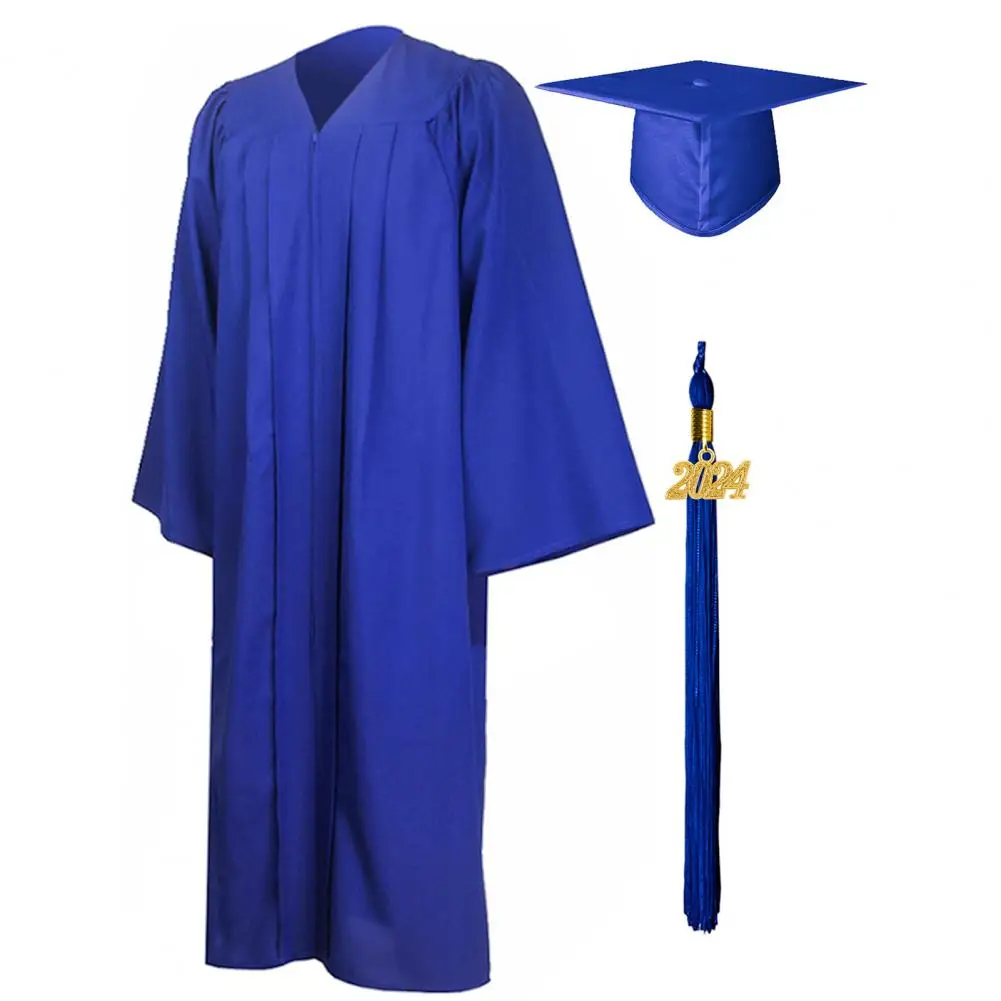 1 Set Unisex Graduation Robe Hat Set cerniera anteriore nappa allentata 2024 anno Tag College Bachelor Doctor Master cerimonia di laurea