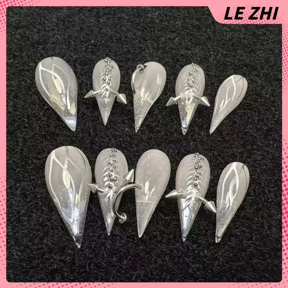 Spicy Girl Colorful Long Beast Claw Dragon Shaped Claw Reusable Press On Nails Rivet Wings Star Diamond Lace Bowknot Fake Nails