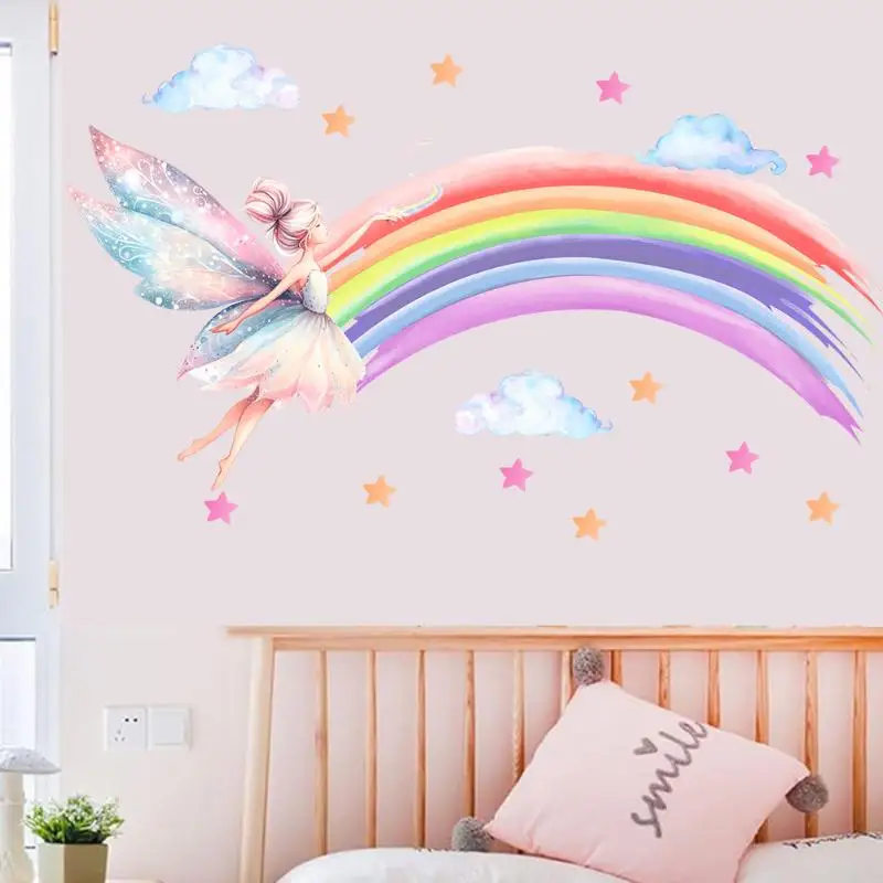 【P】Cartoon Elf Girl Rainbow Wall Sticker Girls Room Cloud Elf Wall Sticker Children's Bedroom Decor