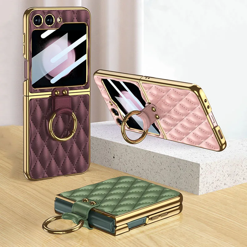 

Luxury Leather Plating Ring Holder Case For Samsung Galaxy Z Flip 5 5G Back Screen Glass Hard Cover For Galaxy Z Flip5 Case