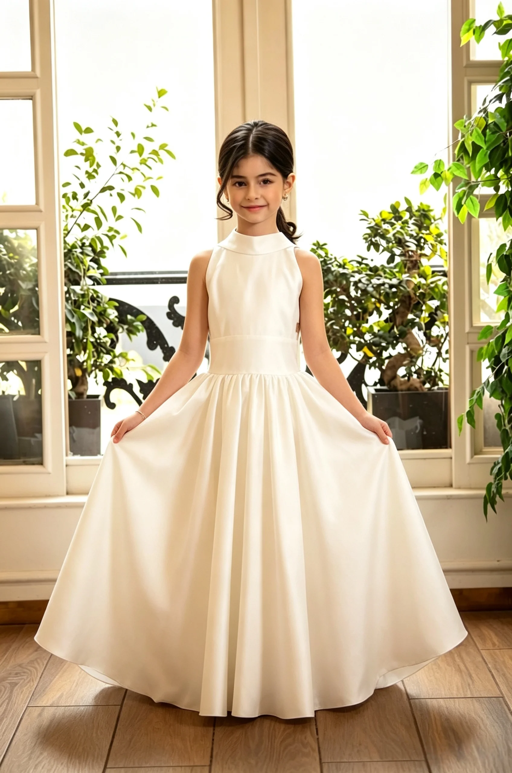 2026 Simple White Satin Flower Girl Dress High Stand Collar Sleeveless Hollow Trailing Puff Skirt Girls First Communion Dress