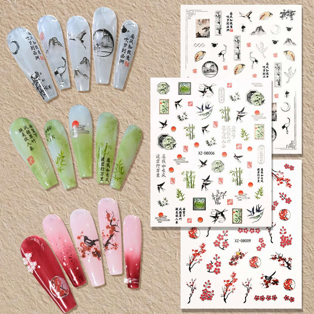 12 Uds. Calcomanías 3D Vintage de bambú/hoja/flor de ciruelo/Pez Koi para uñas, pegatinas de personajes chinos para decoración creativa de uñas