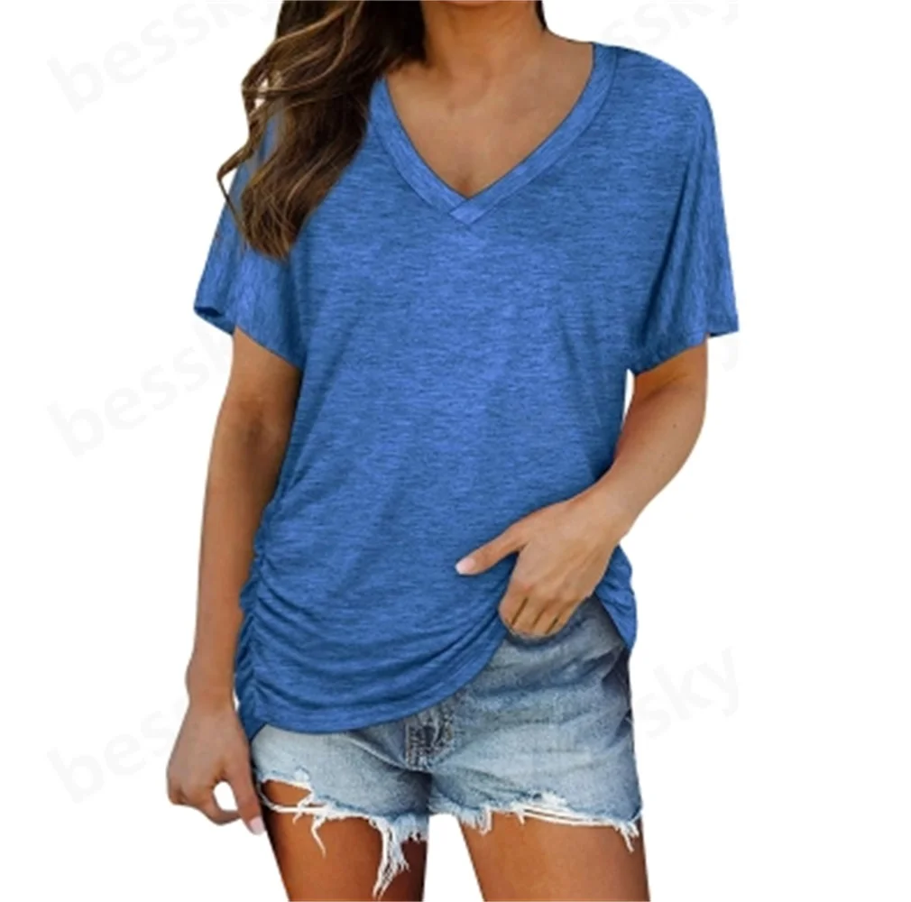 

Ladies' Solid Color Casual V-Neck Short-Sleeved Shirt Comfortable Fashion Top for Women