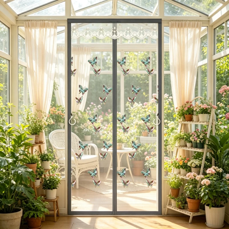 Colorful Butterfly Pattern Premium Sequins Magnetic Mosquito Screen Door, White Lace Top Valance, Self-Adhesive No-Drill Install