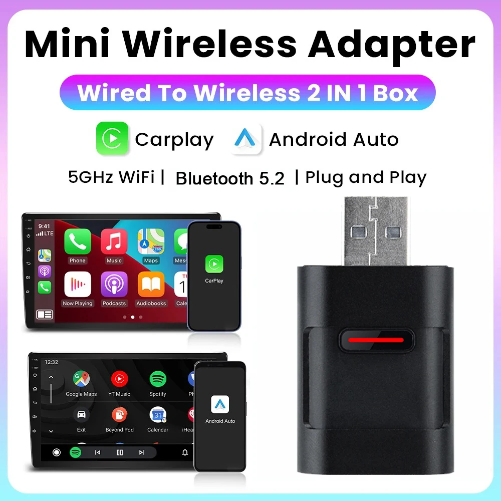 

2в1 Wireless CarPlay AI Mini Android Auto Беспроводной адаптер Mini AI Box для OEM автомобиля Plug and Play WiFi Bluetooth Автоматическое подключение