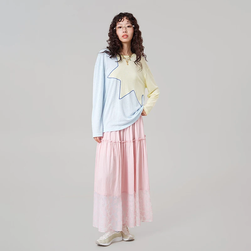 MOVEUP Long Sleeved Round Neck T-shirt 2026 Summer New Lyocell Striped Contrast Color Top For Women Loose Casual Tees 3ELX10522