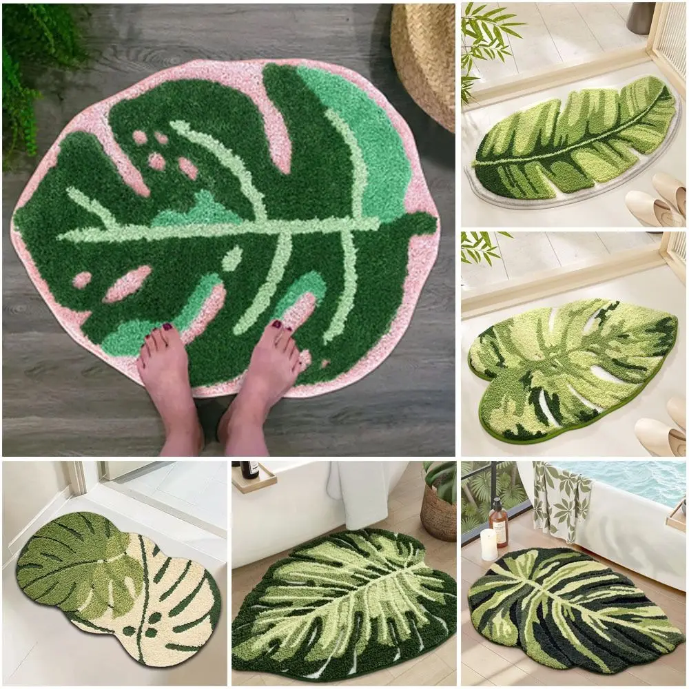 Soft Leaf Rug Thickened Fiber Leaf Shape Pattern Bathroom Floor Mat TPR Anti-Slip Irregular Design Non-Slip Bath Mat