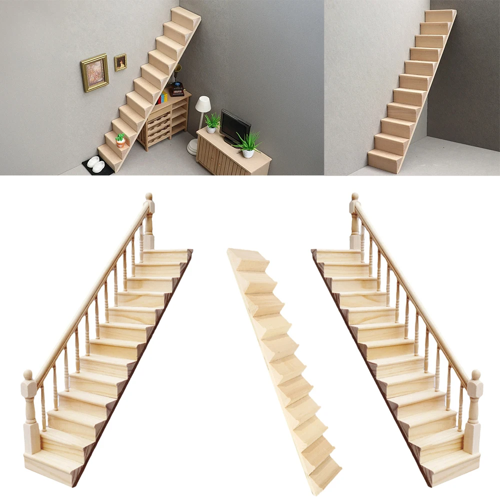 Dollhouse 1:12 Scale Miniature Left Handrails/Right Handrails/No Handrails Stairs Unfinished Stair Case Straight Stairway Step