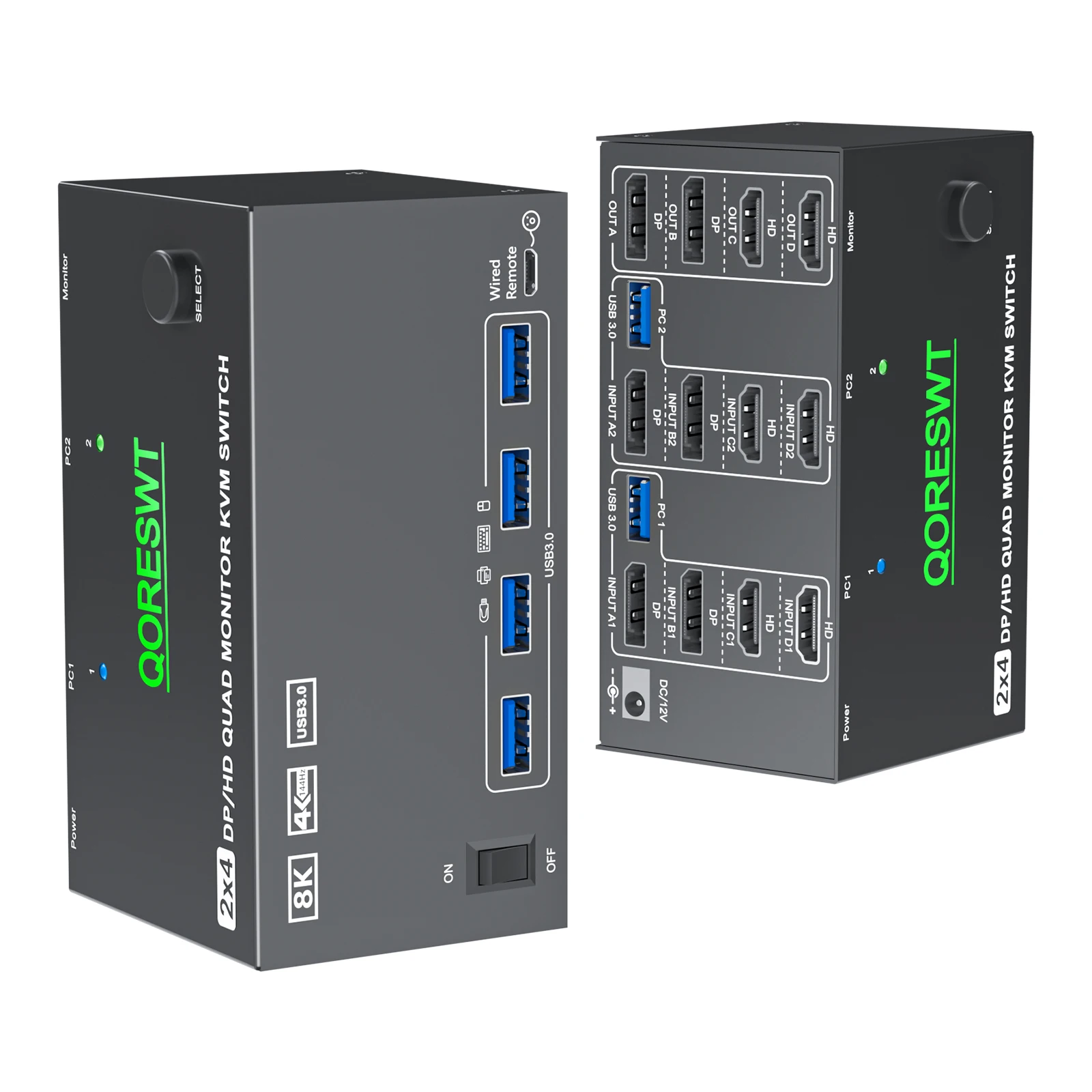 QORESWT KVM Switch 4 Monitors 2 Computers, Quad Monitor KVM Switcher for 4 PC, 8K30Hz/4k60/4k144Hz, HDMI DisplayPort KVM