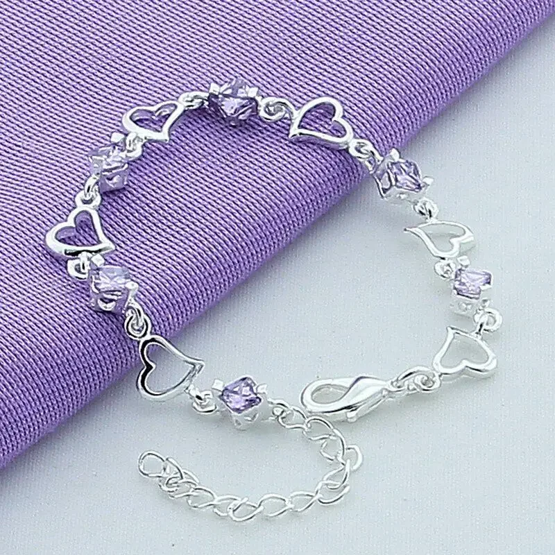 

8 Inch 925 Sterling Silver Purple Cubic Zirconia Heart Design Bead Bracelet Chain