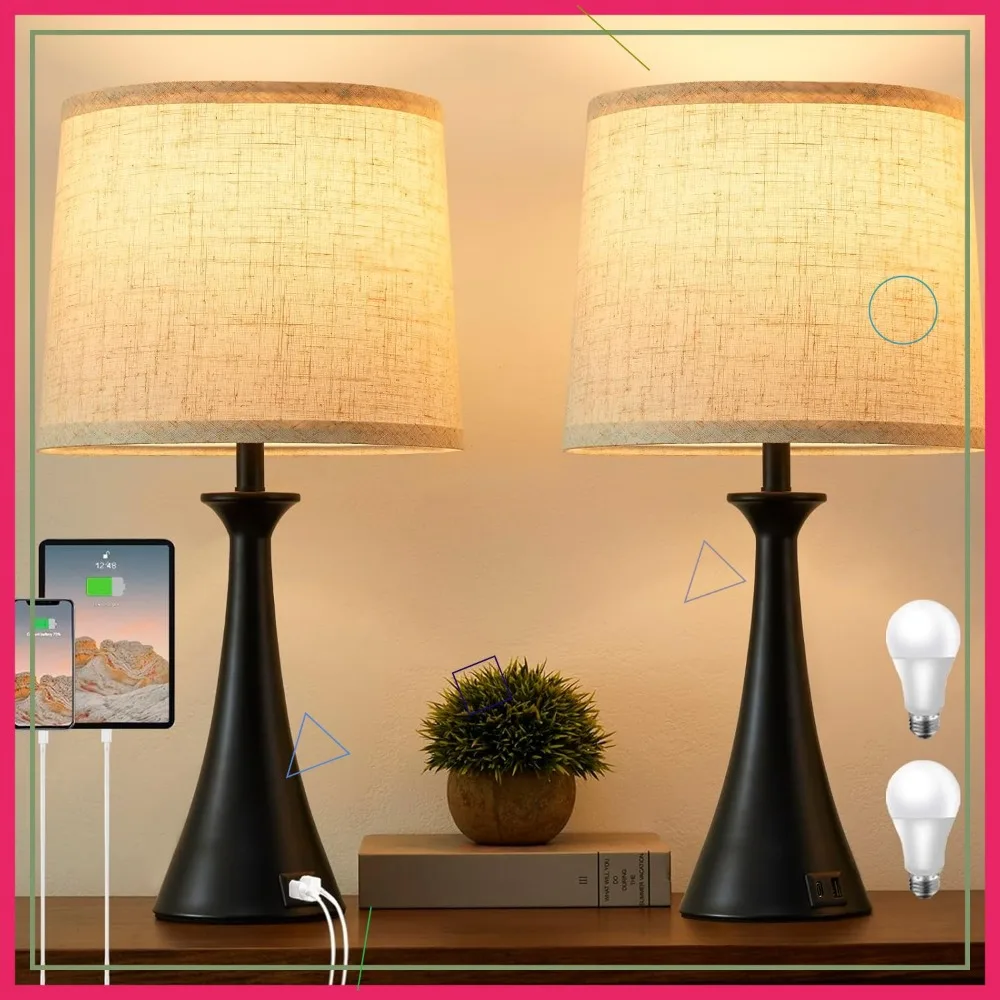 

Набор из 2 сенсорных ламп с портами USB C+A, 3-уровневая регулировка яркости для гостиной и спальни, включает светодиодные лампы