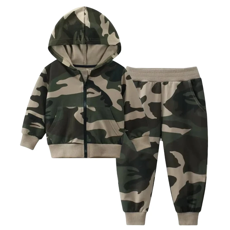 

2025 Spring Autumn Boys Children's Camouflage Clothing Sets Camo Hoodie Suit Long Sleeve Hooded Jacket Coat + Sports Pants