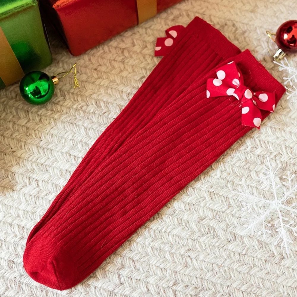 Cute Cotton Girls' Long Socks Red Stretch Mid-Length Socken Bow Ribbon New Year Socks New Year