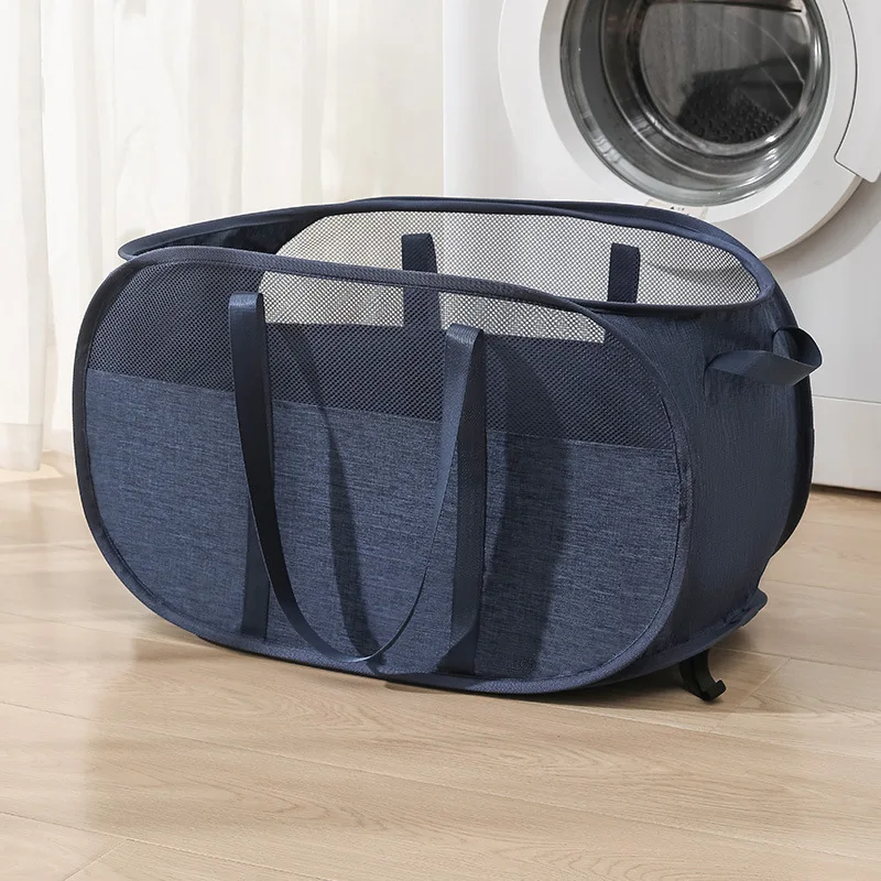 رمادي المنبثقة سلة الغسيل قابلة للطي مع مقبض جيب جانبي قماش شبكي قوي صندوق تخزين ملابس القذرة سلة غرفة الغسيل الحمام