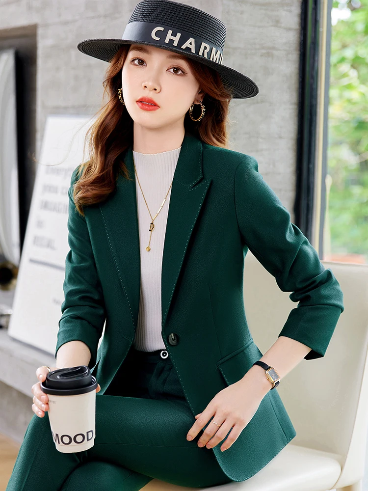 Elegant Green Suit Jacket Women's Formal Workwear Professional Career Outfit Spring Autumn High Quality Commute Style Polyester