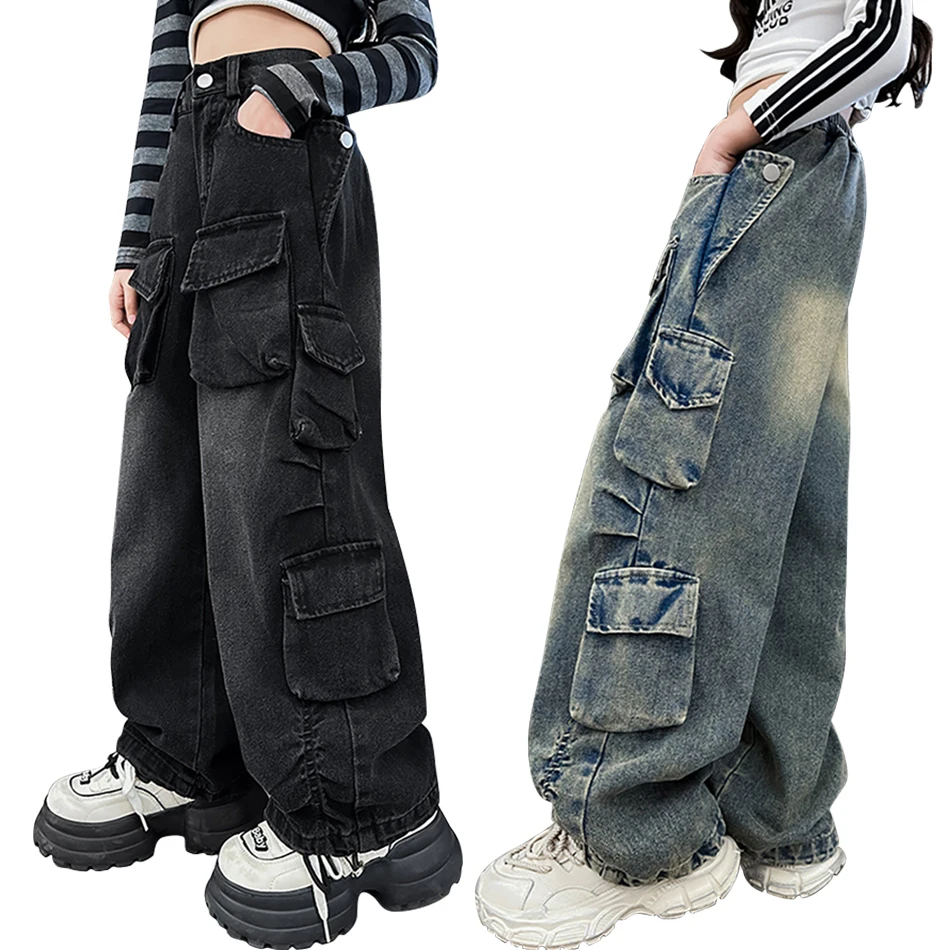 High Quality Girls Denim Cargo Jeans Spring and Autumn Designed with Extra Pockets Decoration Tweens Hip Hop and Street Style