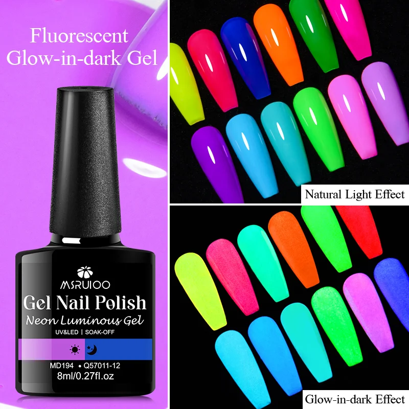 MSRUIOO 8ml Neon Fluorescent Glow in the Dark Gel Nail Polish Removable Glow in the Dark Neon UV/LED Gel Varnish for Nail Salon