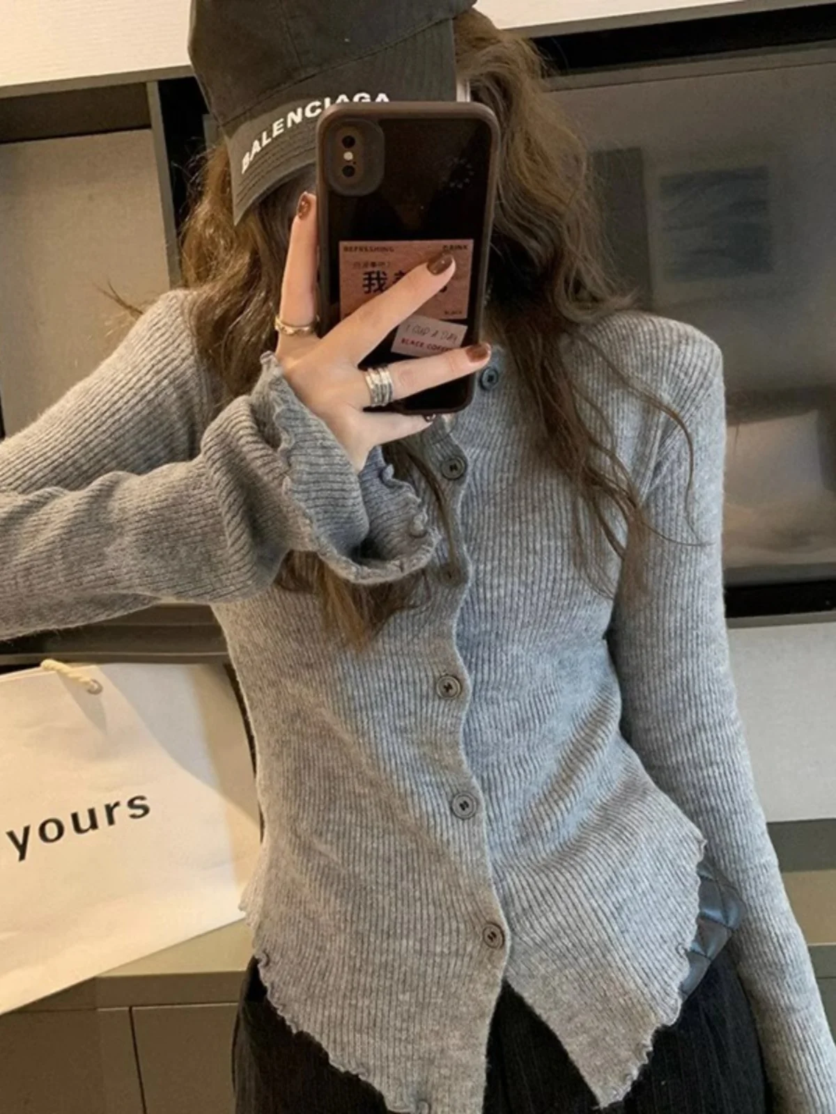 Black V-Neck Asymmetrical Knitted Cardigan Women's Slim Fit Bell Sleeve Top Commute Style Korean Version Long Sleeve Sweater view 4