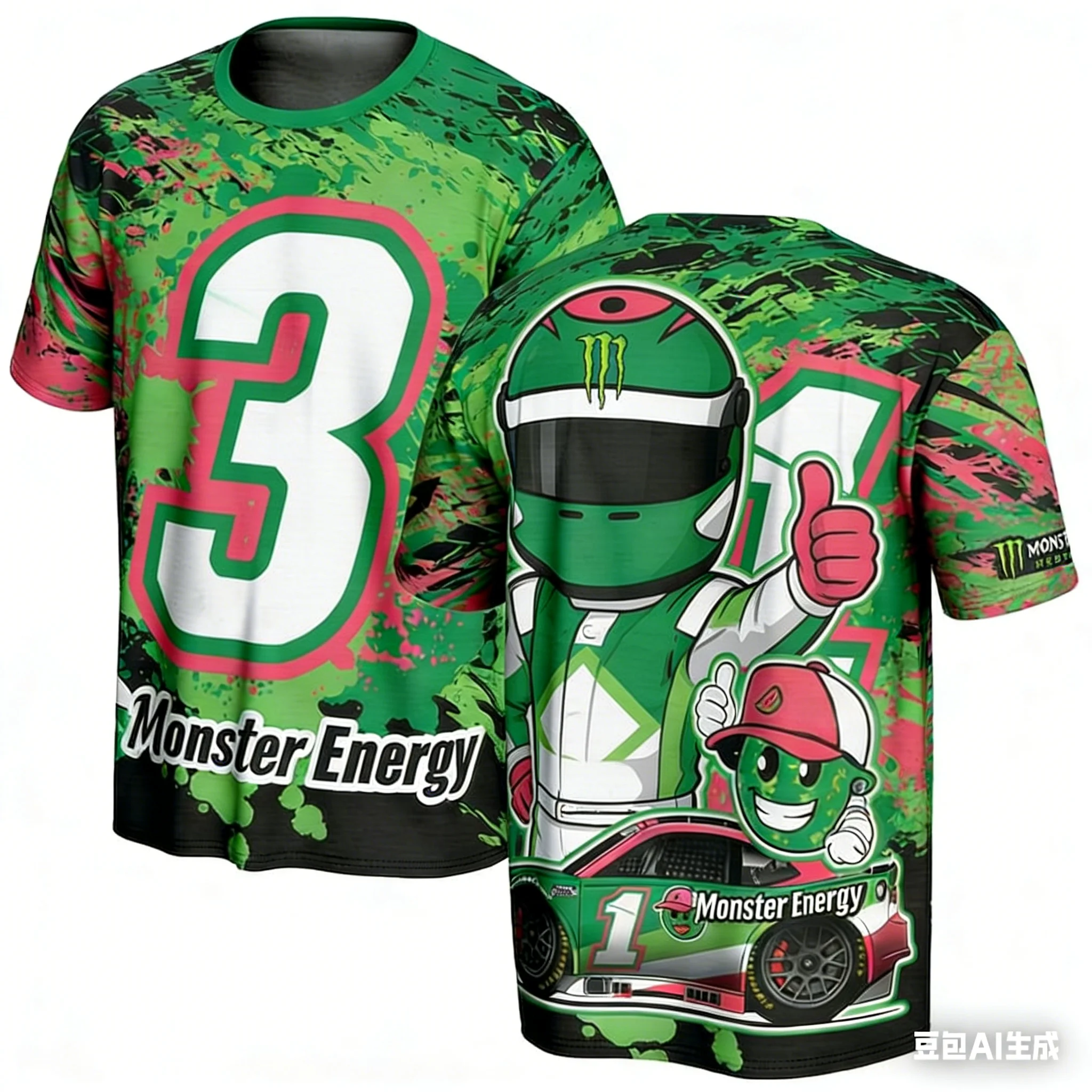 ¡Una linda sobrecarga con temática de carreras! Camiseta Monster Energy Cartoon Racer, # 1, estilo moderno de manga corta para entusiastas de los automóviles.