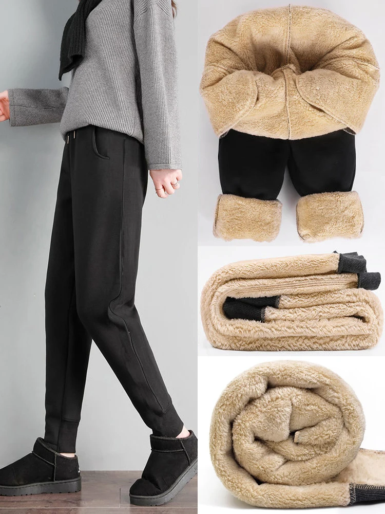 Winter Extra Thick Warm Pants for Women Casual Thermal Lamb Cashmere Sports Trousers with Fleece Black Female Baggy Sweatpants