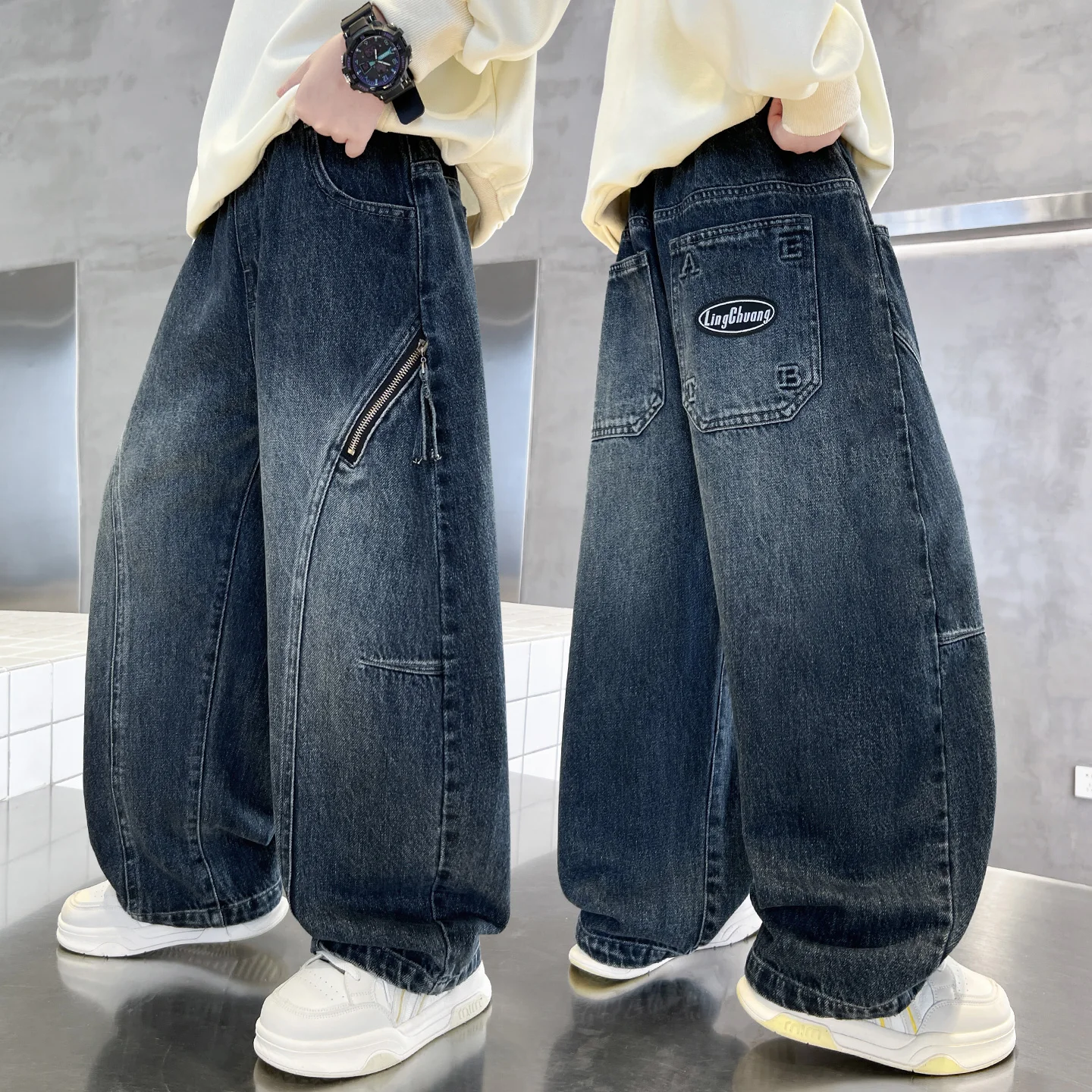 Trendy Casual Boys Jeans Autumn Collection 2026 Elastic Waist Denim Pants Straight Leg Fit Breathable Korean Style for Teens