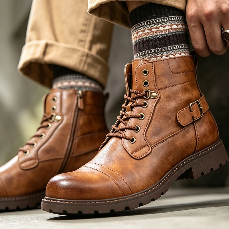 big size mens casual natural leather boots black brown designer shoes cowboy platform boot outdoors street trendy ankle botas