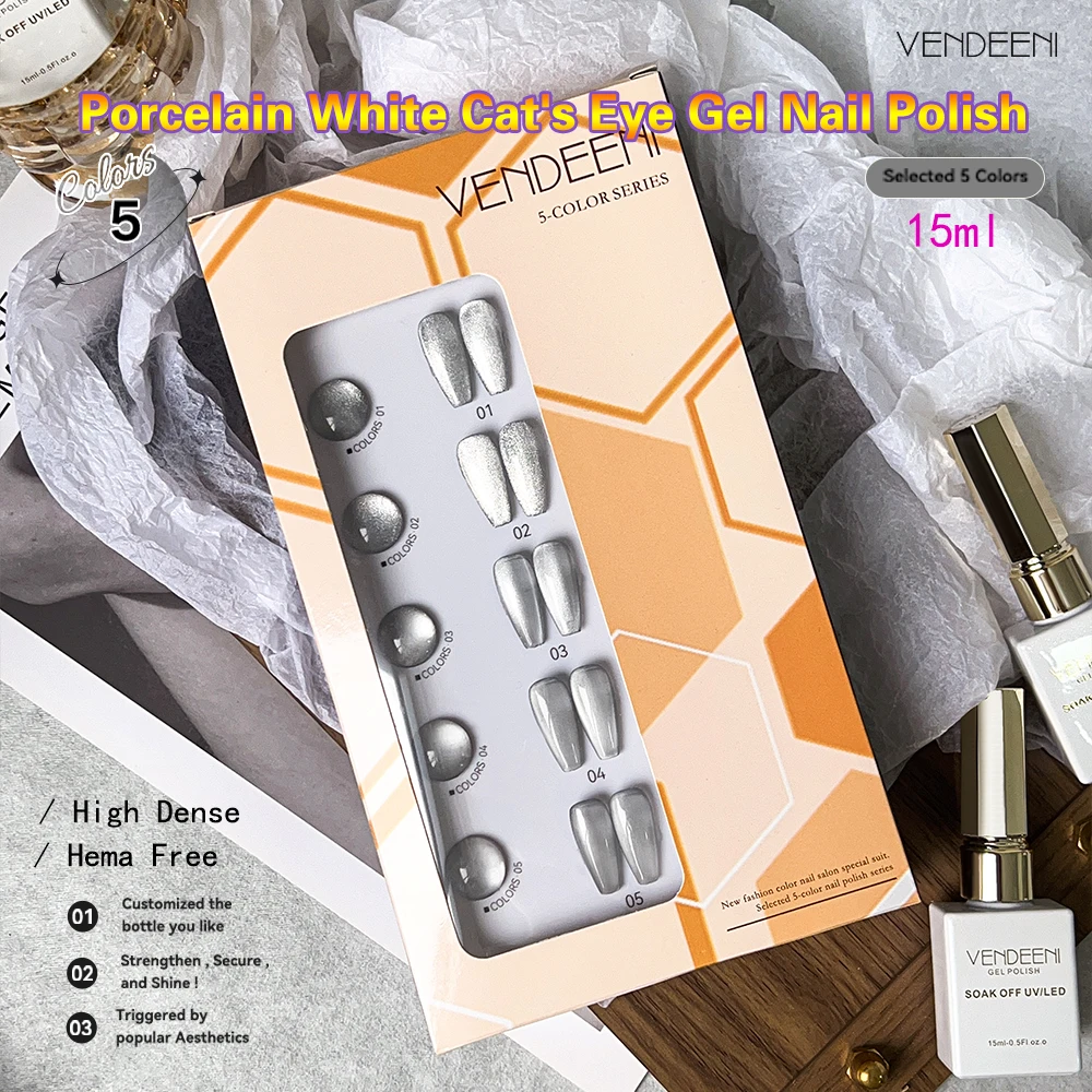 Vendeeni 5 Colors/set Glitter Porcelain White Cat Eye Gel Nail Polish UV LED Shiny Crystal Manicure Nail Varnish With Color Card