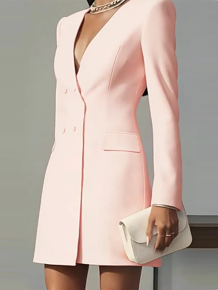 Fashion Commuting Button Blazer Short Dress  Autumn Women's Sexy V-neck Solid Party Dress Spring Elegant Long Sleeve Slim Dress