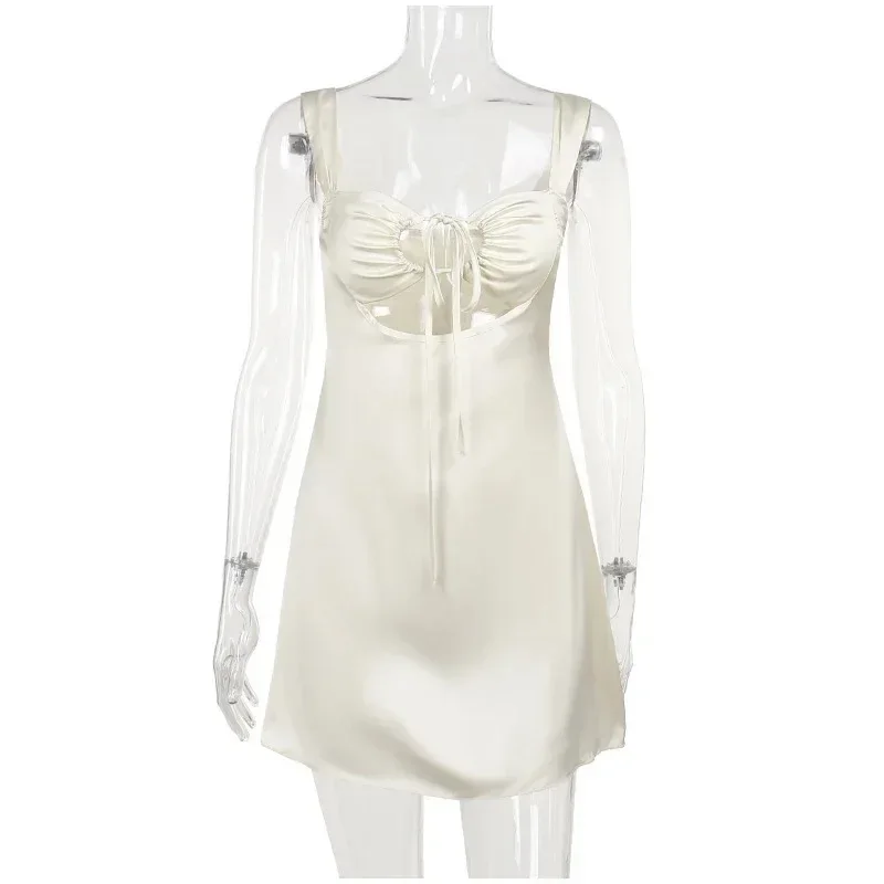 Ladies' Silk And Satin Elegant Sexy Slim Beautiful Backless Short Dress Summer Sleeveless Square Neck Ruffles Tiered Mini Dresse