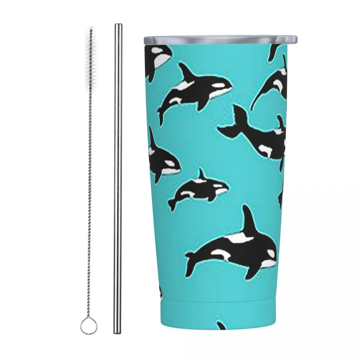 Orca Killer Whales Pattern On Blue Stainless Steel Tumbler Vacuum Insulated Mug Thermal Cold Cup Straws With Lid 20oz