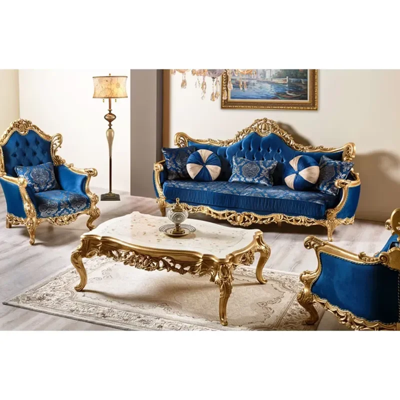 French Rococo Style Wood Carved Marquetry Canopy Sofa Royal 3 Seater Fancy European Living Room Sofa Set