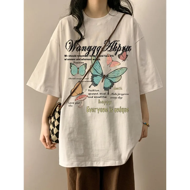 

Summer Women's Pullover Round Neck Butterfly Cartoon Letter Printed Floral Short Sleeve T-shirt Fashion Casual Office Lady Tops