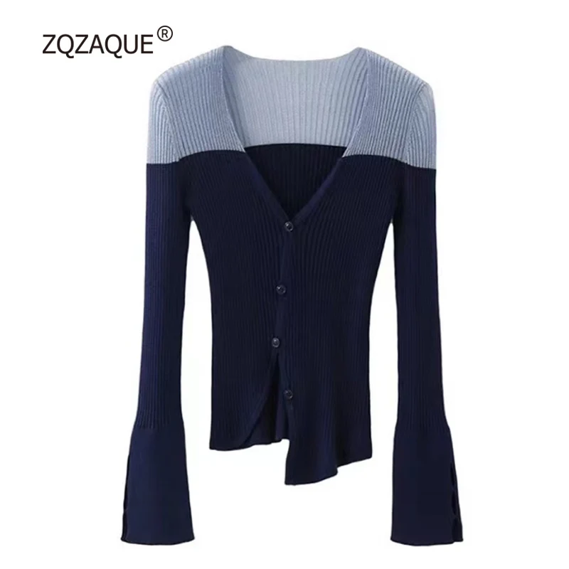 Elegant Temperament Thin Knit Cardigan Asymmetric Design Sexy V-neck Contrast Color Long Sleeve Stitching Knitted Tops SY2656