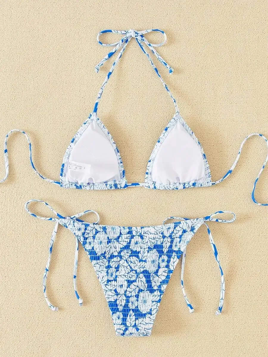 Swim Mod Summer Beach Floral Smocked Triângulo Tie Side Bikini Set