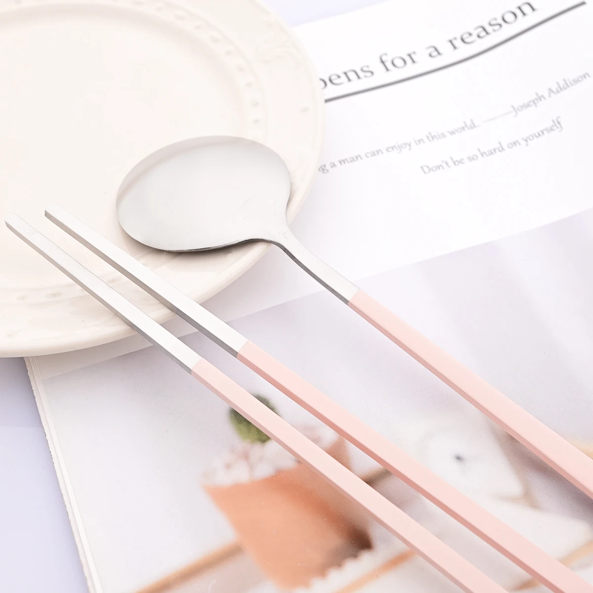 2Pcs Pink Silver Dinnerware Set Western Stainless Steel Cutlery Dinner Spoon Sushi Chopsticks Flatware Party Kitchen Tableware